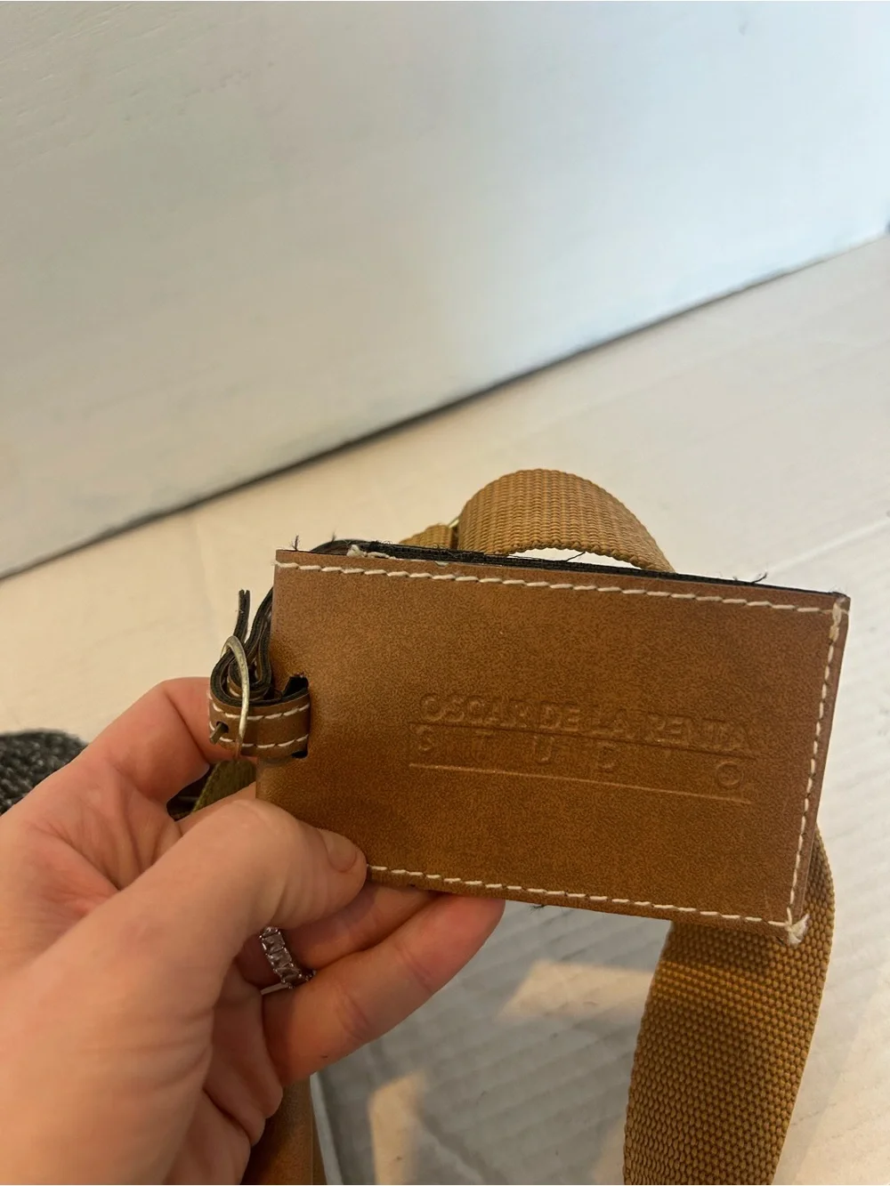 Oscar de la Renta Black Tweed Messenger Bag with Tan Trim and Red Accent